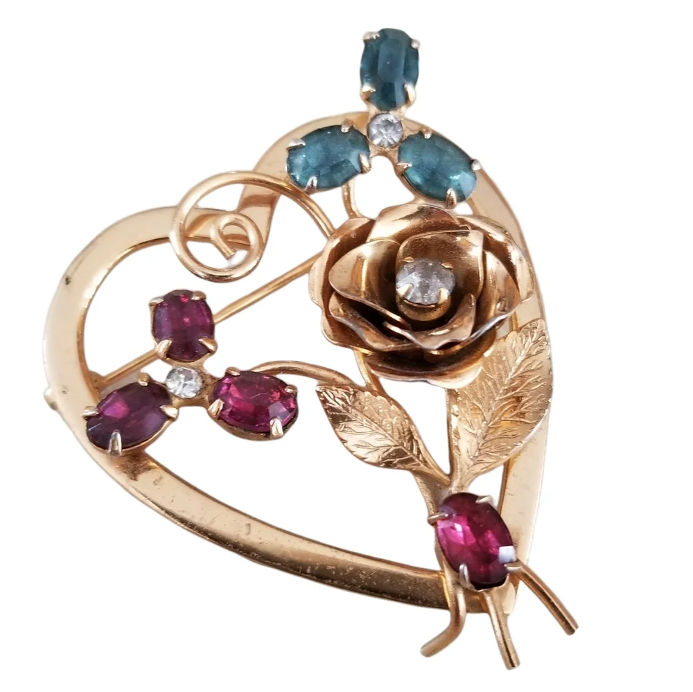 Vintage Signed Coro Gold Tone Heart Brooch Ruby Sapphire Rhinestone